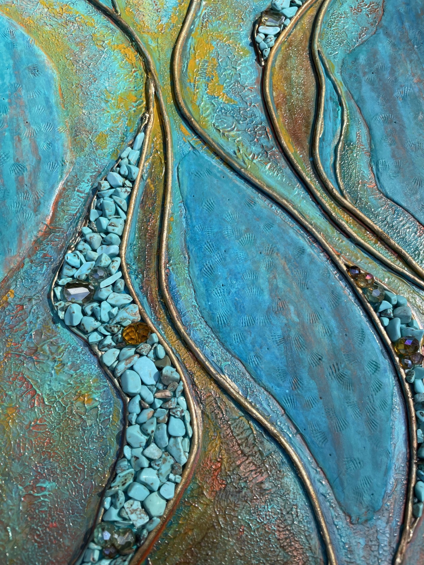 Turquoise acrylic and Clay Abstract wall art/Contemporary Art