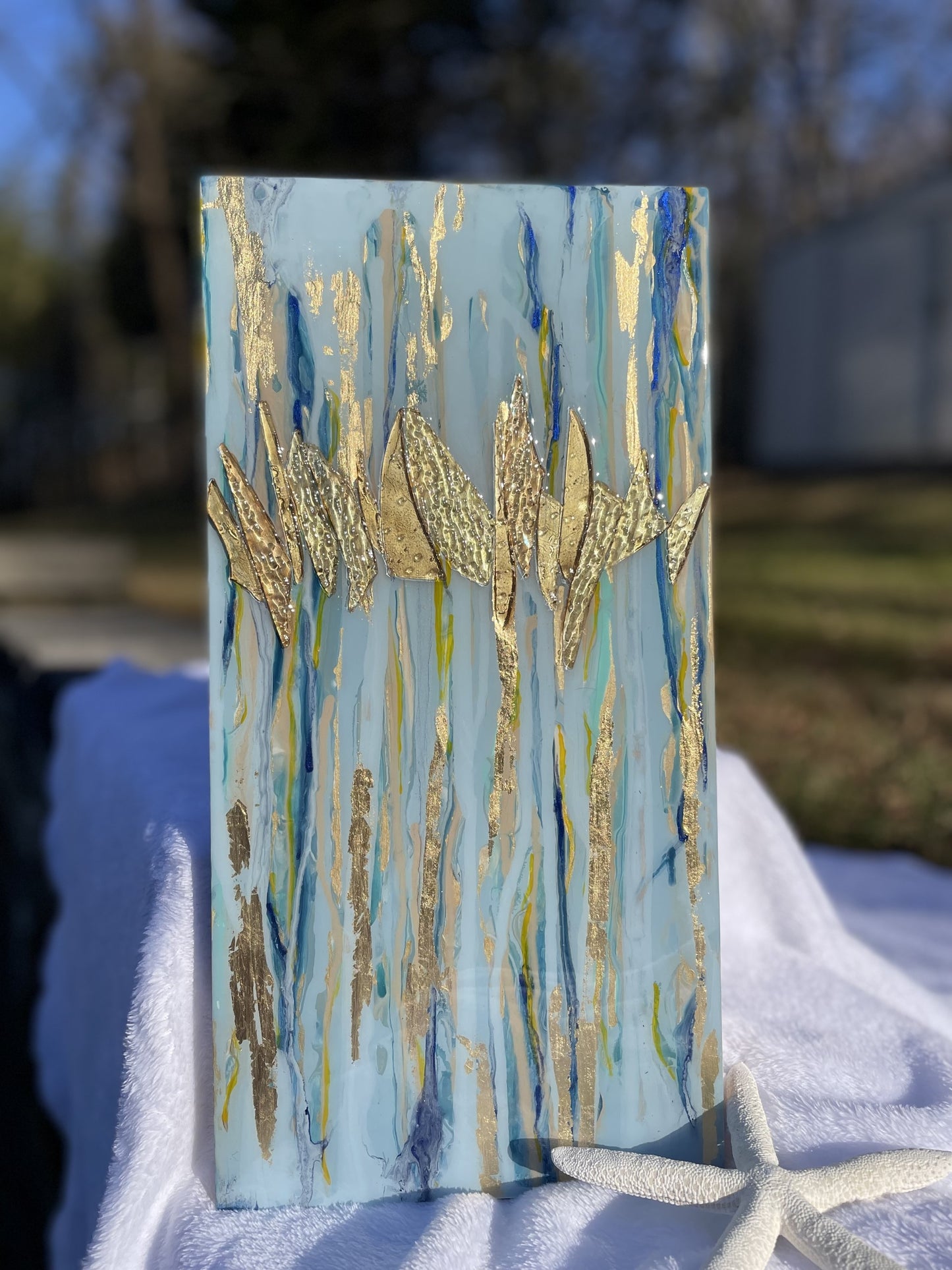 Contemporary Coastal Art with beautiful blues and gold