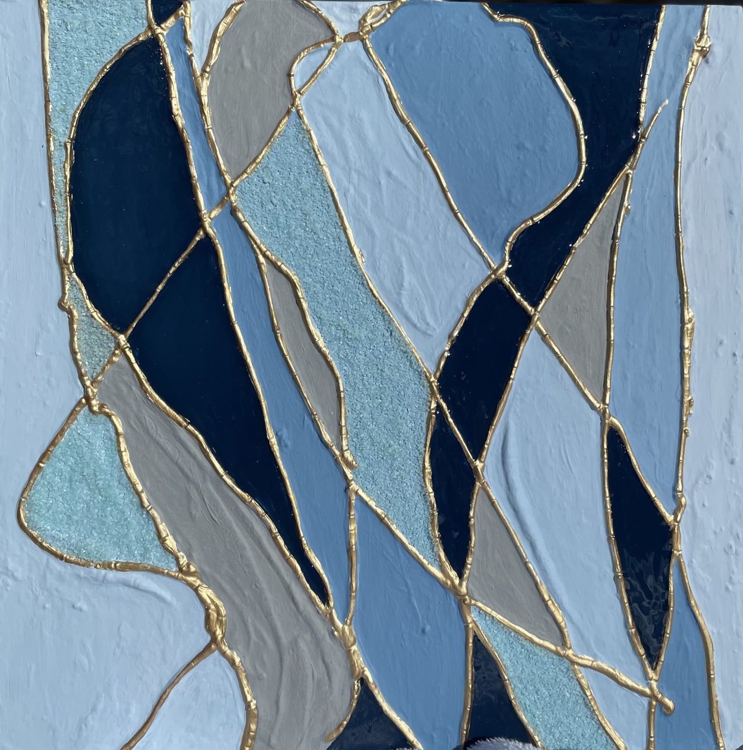 Monochromatic Blue with Gold Kintsugi style wall art| Contemporary Art