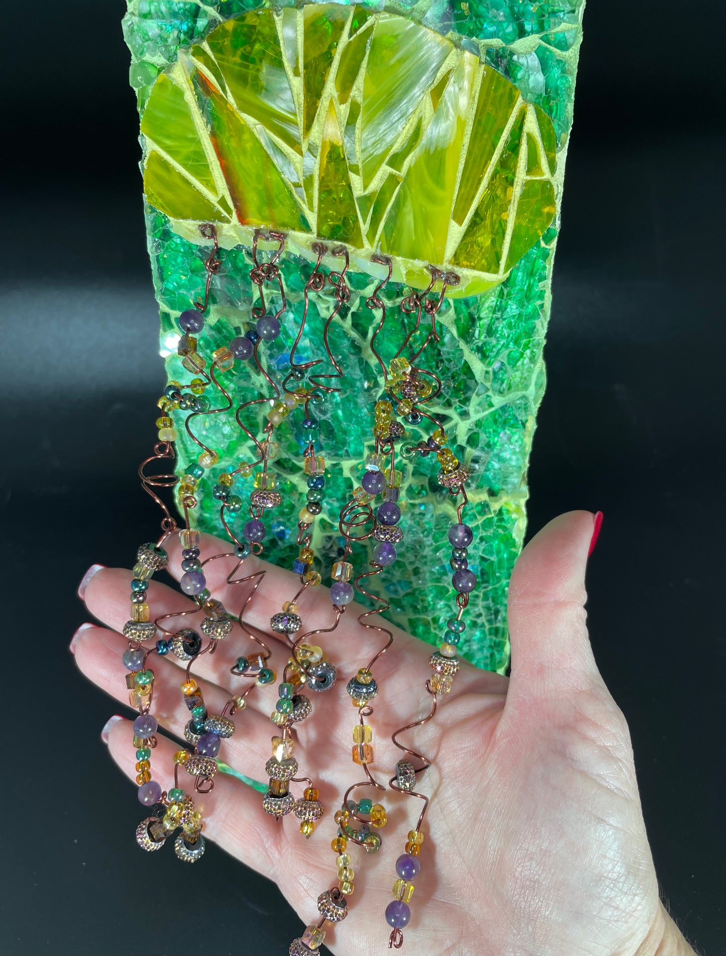 Mosaic jellyfish with copper wire and bead tentacles