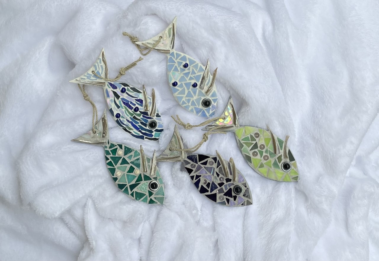 Mosaic fish ornament in blues with shell details