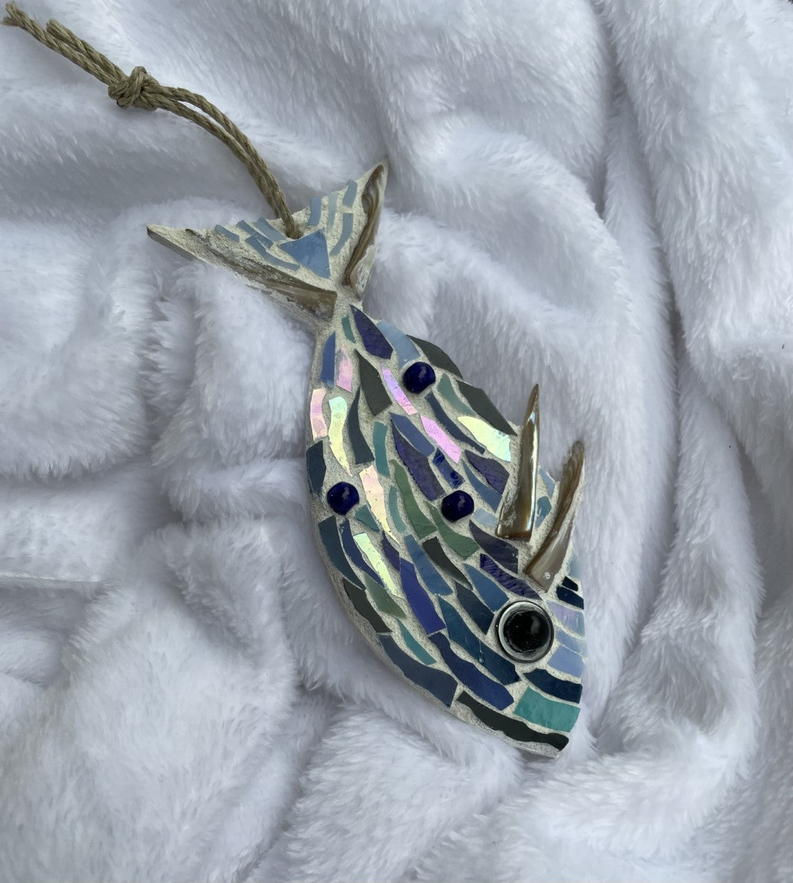 Mosaic fish ornament in blues with shell details