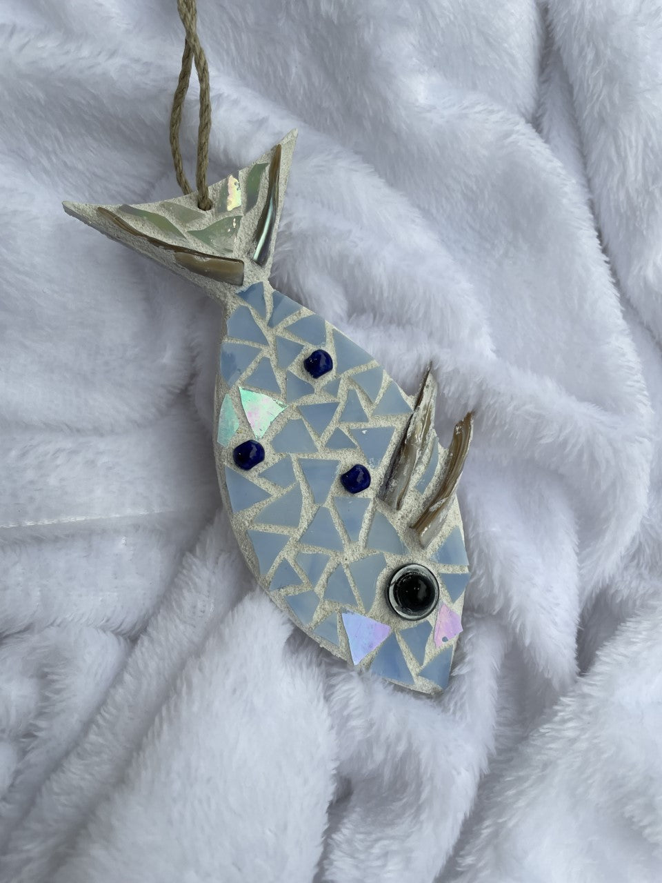 Soft blue and iridescent stained glass mosaic fish ornament