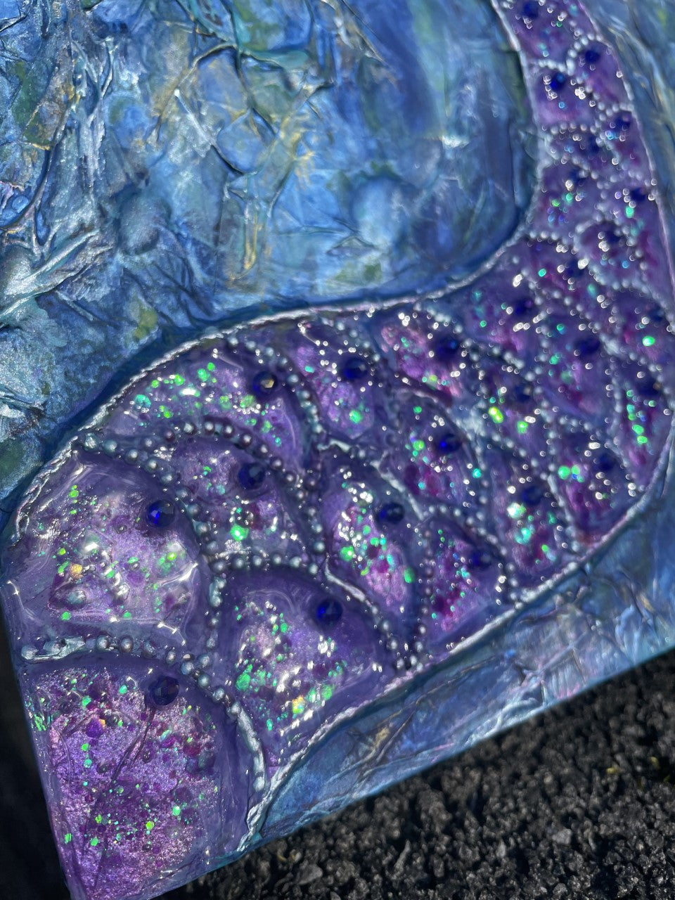 Shimmering purple mermaid tail with broken dish fins wall art