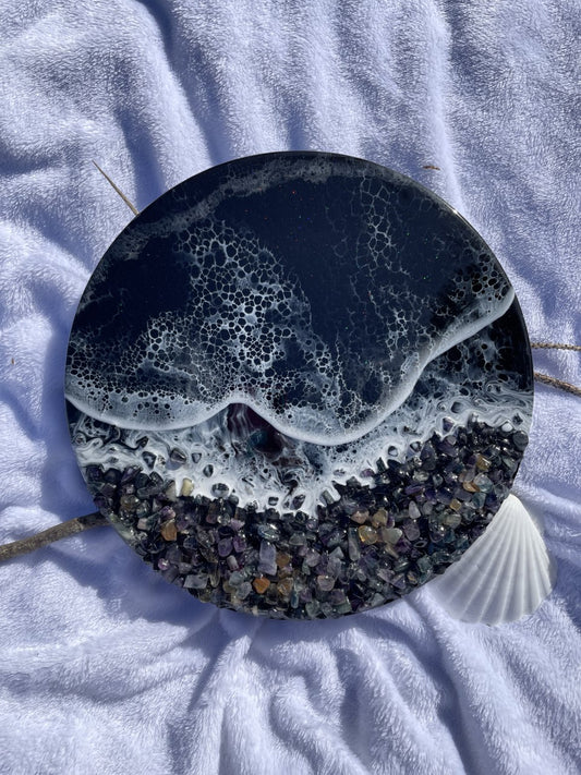 Black resin ocean with waves and rocky shore